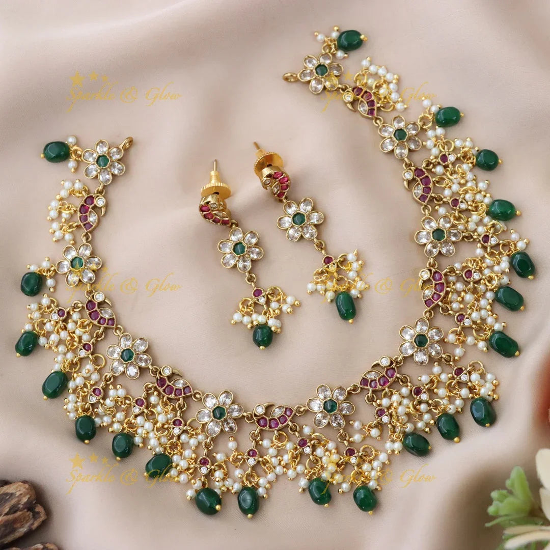 Elegant Floral Peacock Necklace with Pearls & Gems