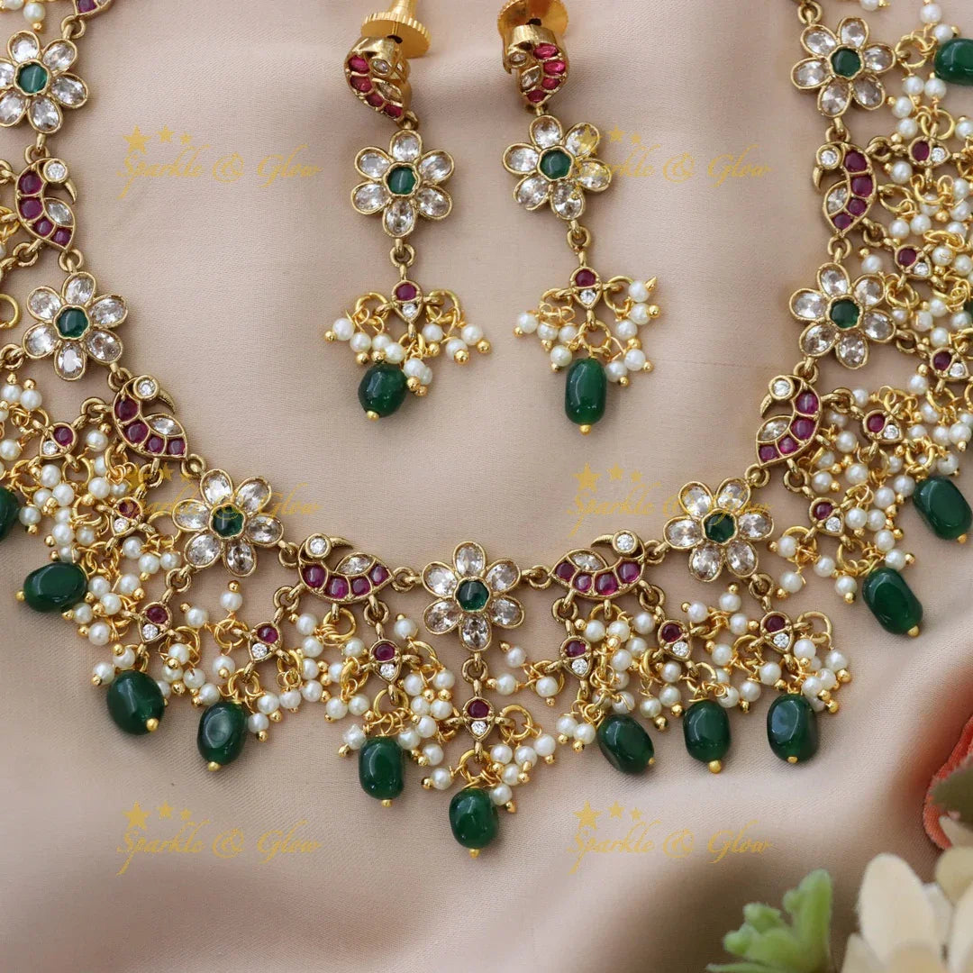Elegant Floral Peacock Necklace with Pearls & Gems