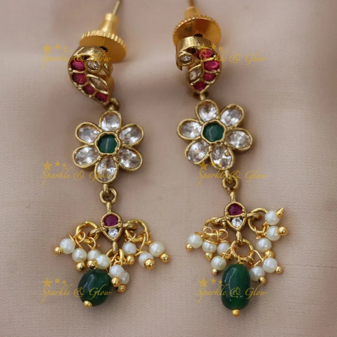 Elegant Floral Peacock Necklace with Pearls & Gems