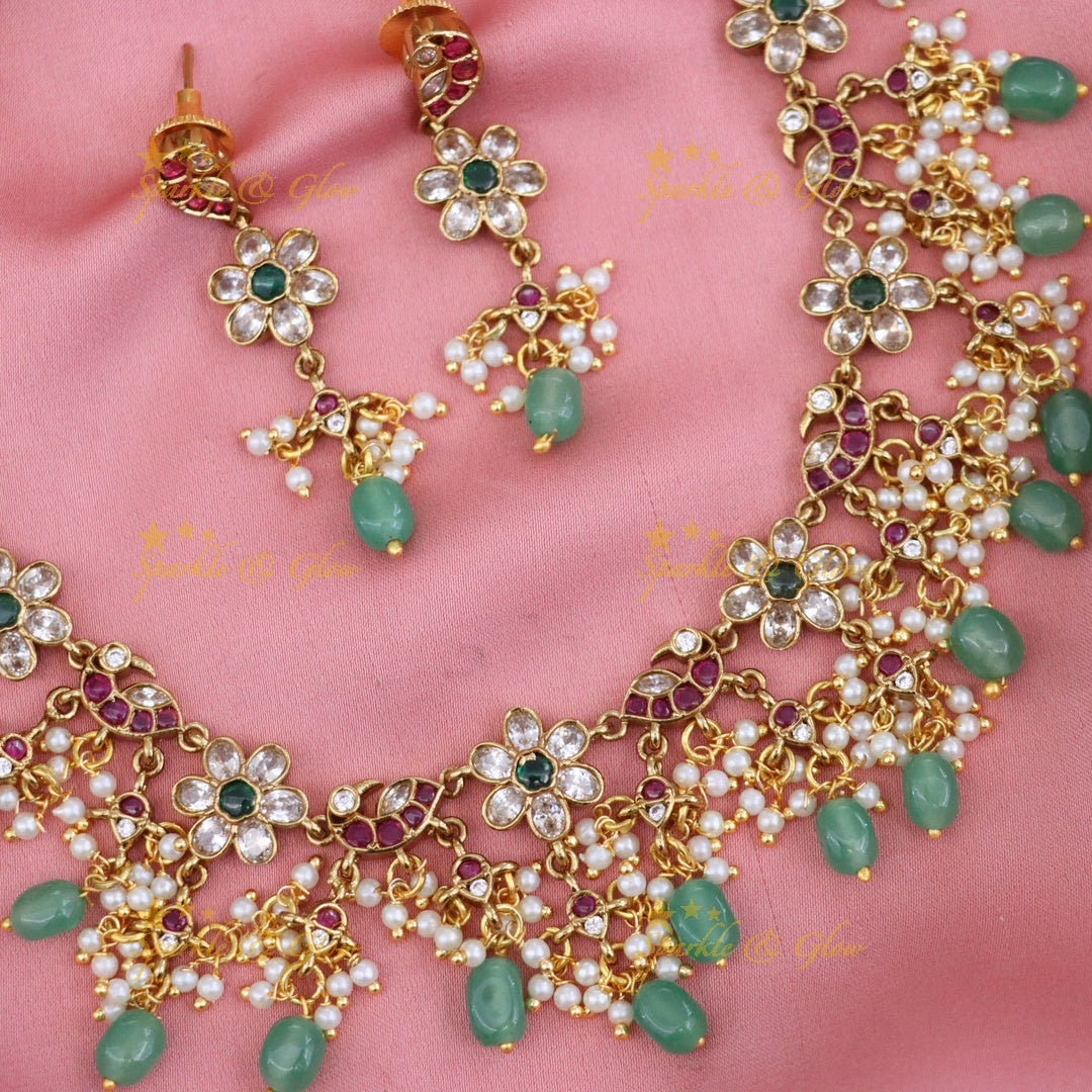 Elegant Floral Peacock Necklace with Pearls & Gems