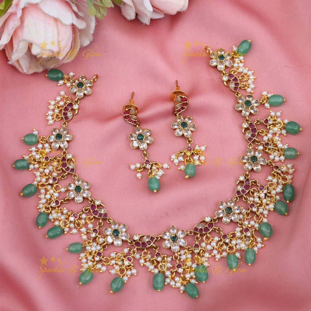 Elegant Floral Peacock Necklace with Pearls & Gems