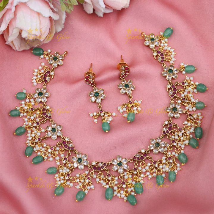 Elegant Floral Peacock Necklace with Pearls & Gems