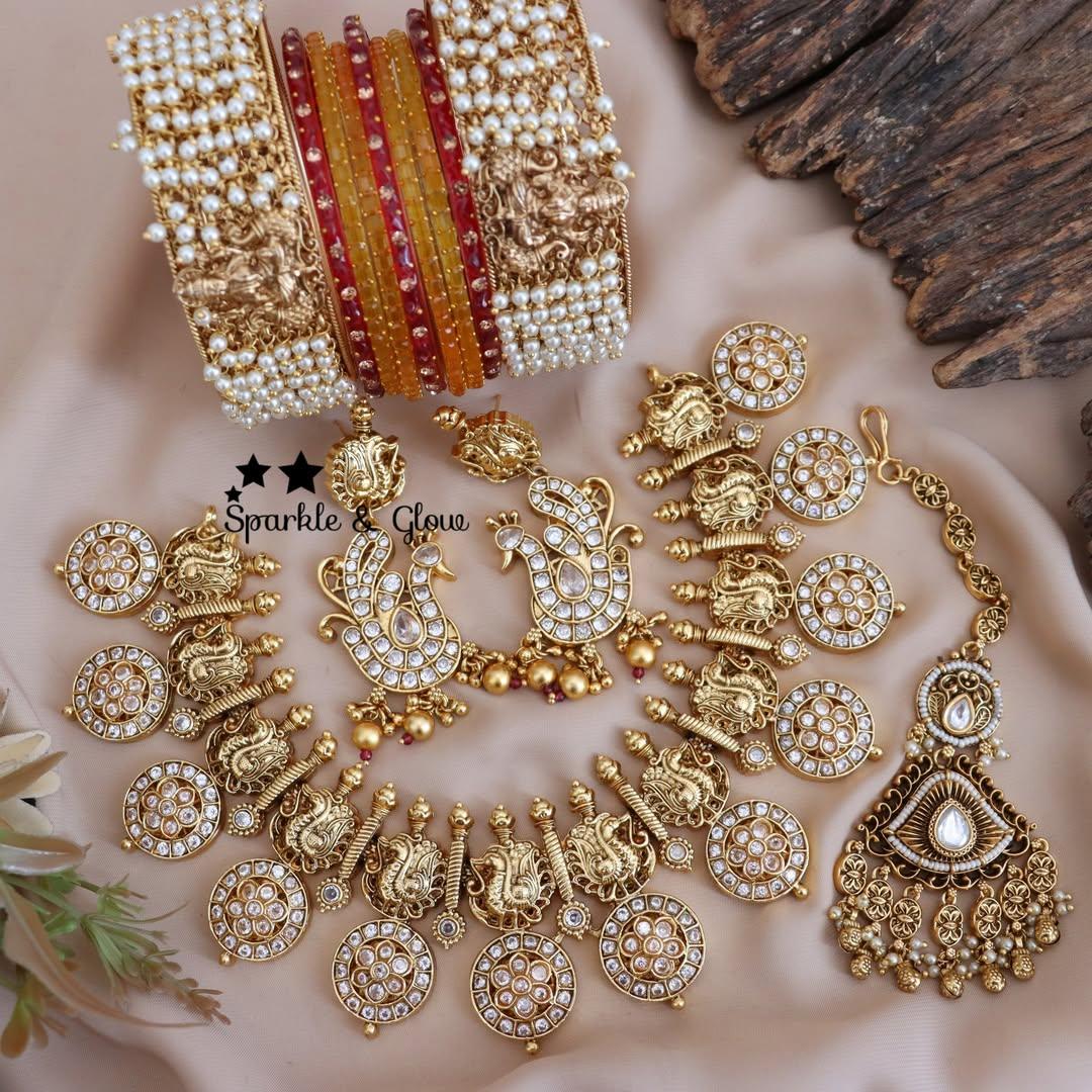 Elegant Peacock Kundan Gold Semi Bridal Jewelry Set