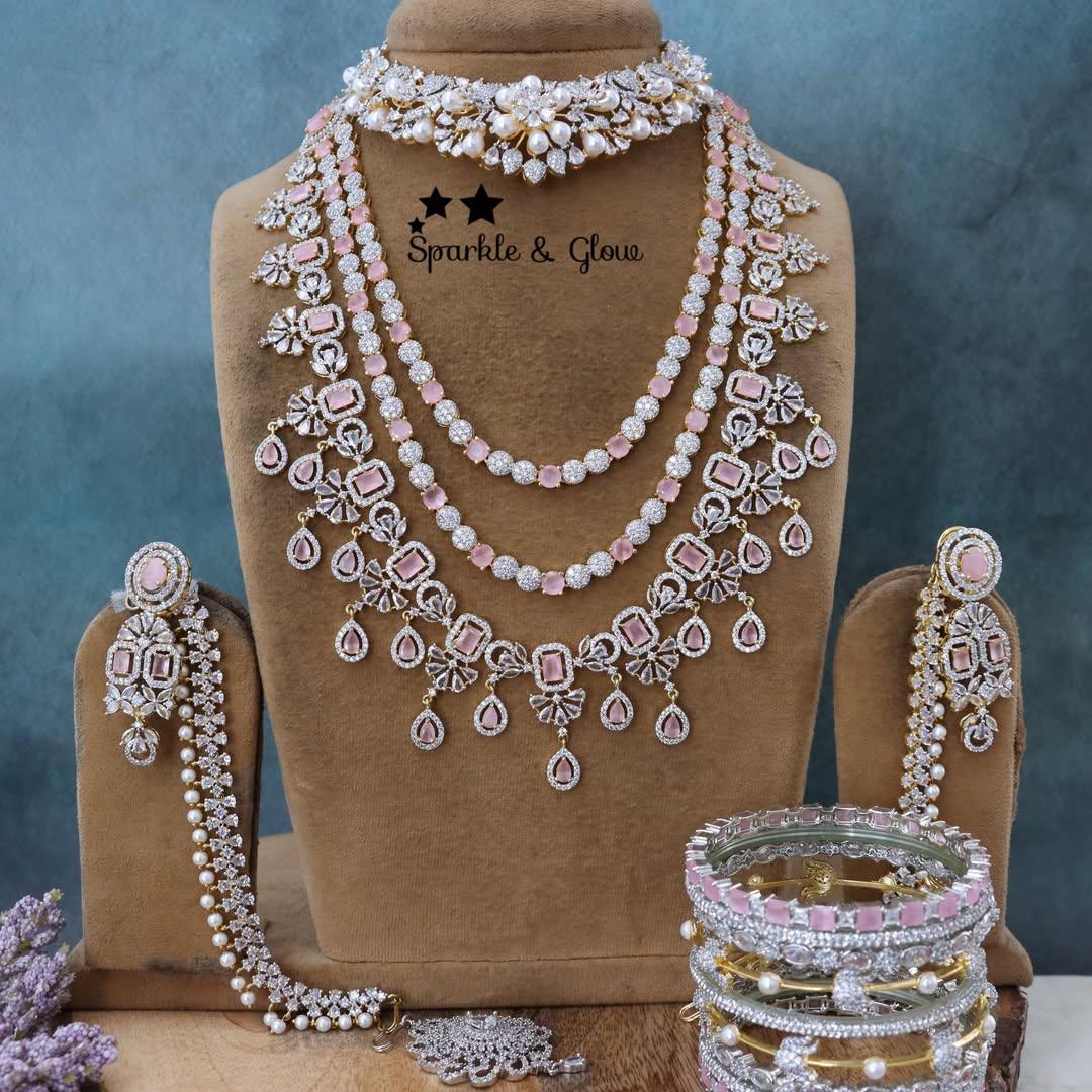 Elegant Pink Stone Semi-Bridal Necklace Set