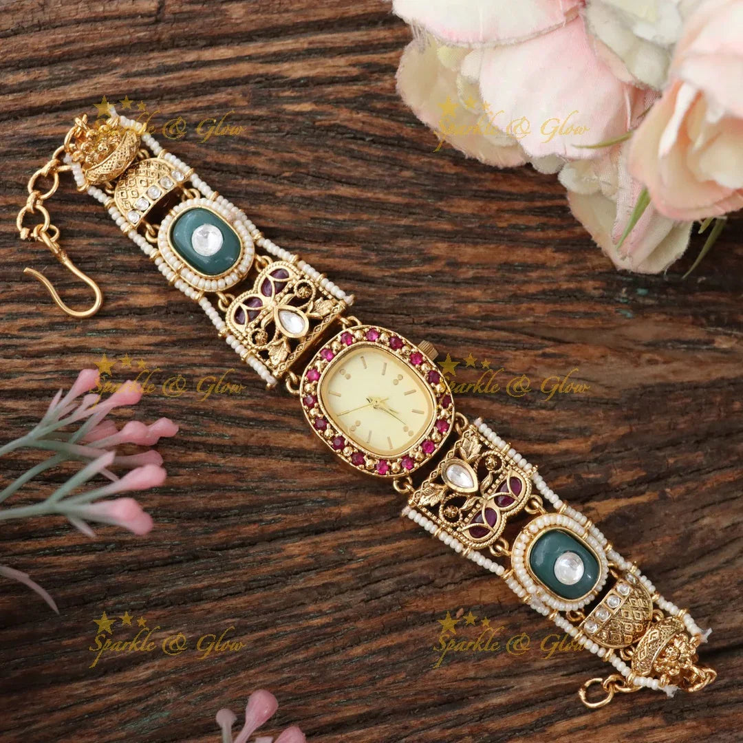 Exquisite Antique Kashmiri Watch Bracelet - Pearl & Gold