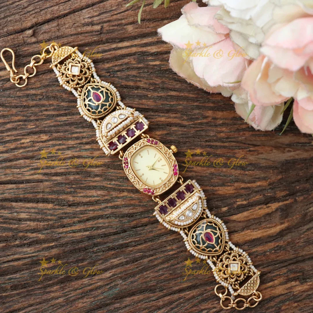 Exquisite Kashmiri Gold Pearl Watch Bracelet