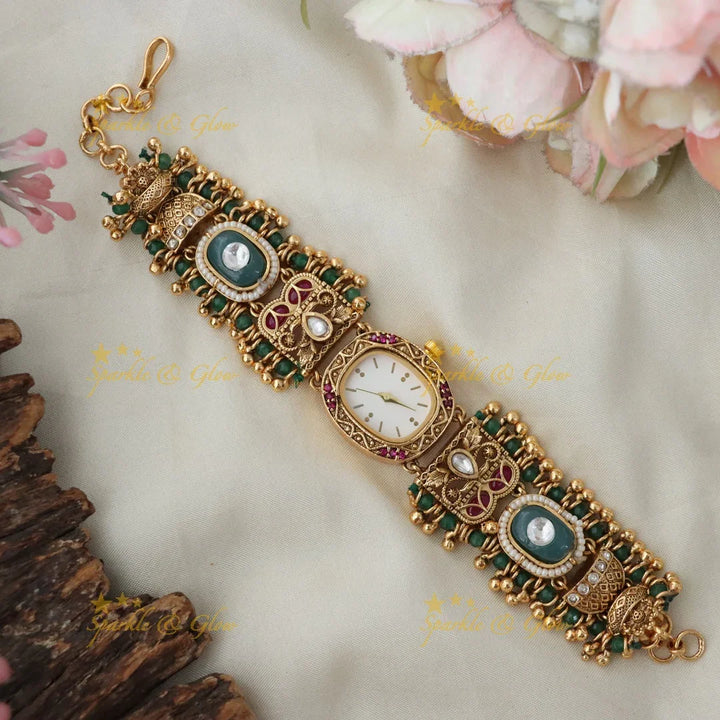Exquisite Antique Green Beads Bracelet Watch for Elegance