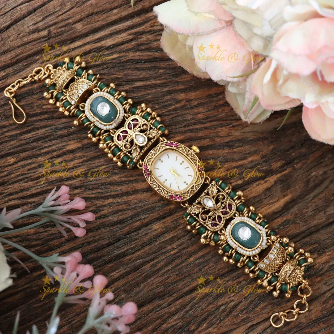 Exquisite Antique Green Beads Bracelet Watch for Elegance