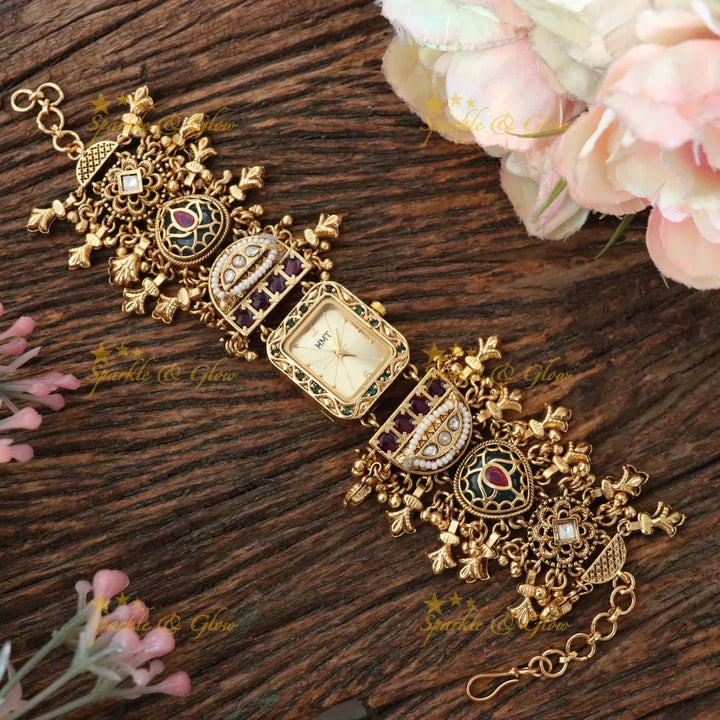 Elegant Heritage Floral Bead Watch Bracelet - Sparkle & Glow