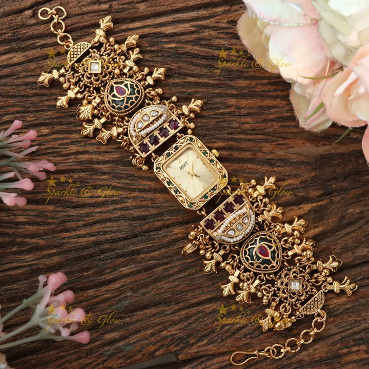 Elegant Heritage Floral Bead Watch Bracelet - Sparkle & Glow