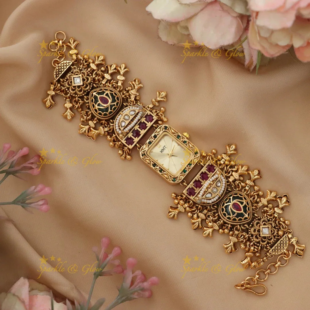Elegant Heritage Floral Bead Watch Bracelet - Sparkle & Glow