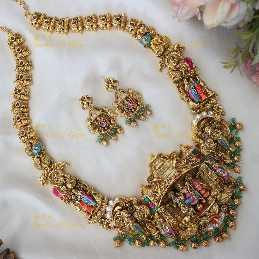 Lavish Temple Gold Long Necklace Set for Weddings