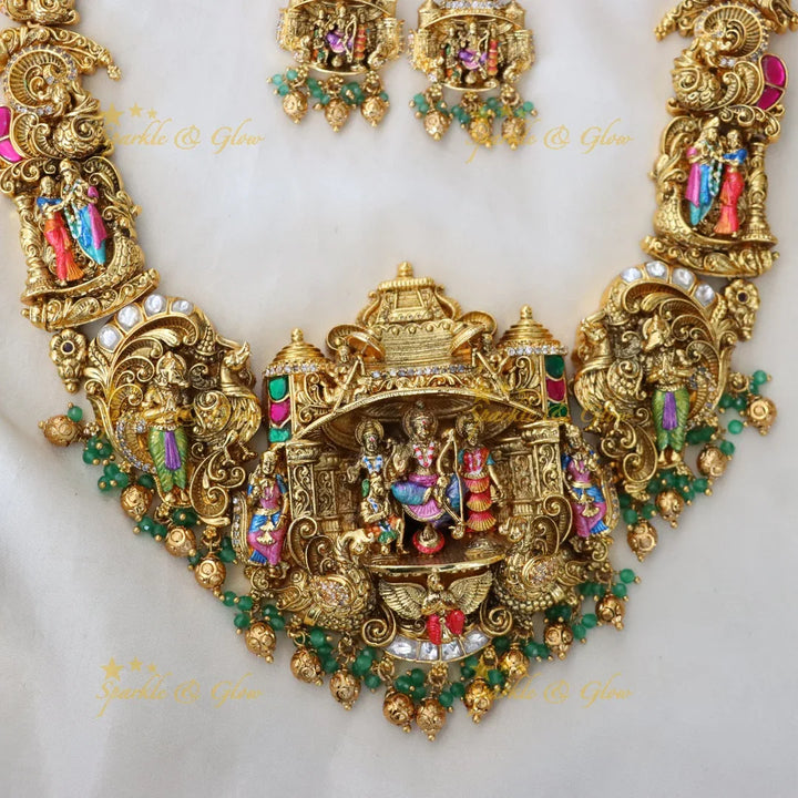 Lavish Temple Gold Long Necklace Set for Weddings