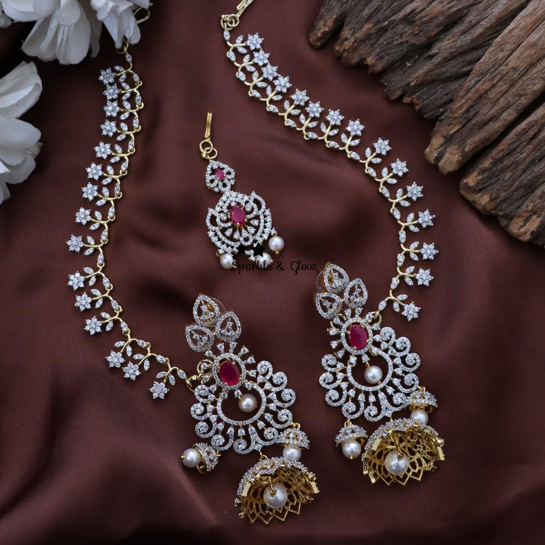 Exquisite CZ Earrings & Maang Tikka Set with Earchain
