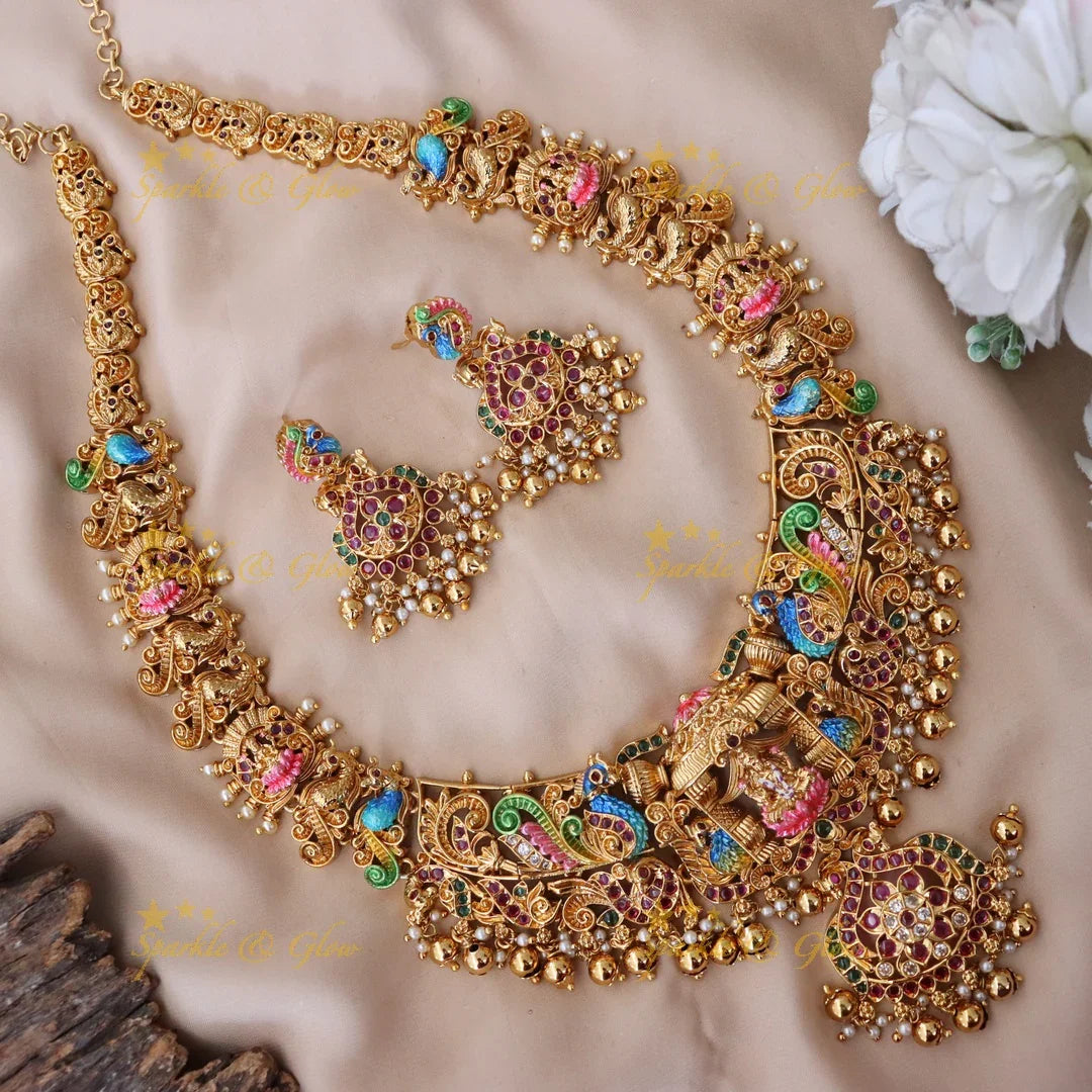 Majestic Lakshmi Peacock Necklace with Temple Motif