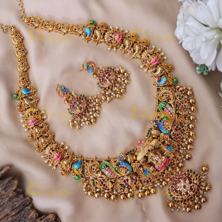 Majestic Lakshmi Peacock Necklace with Temple Motif