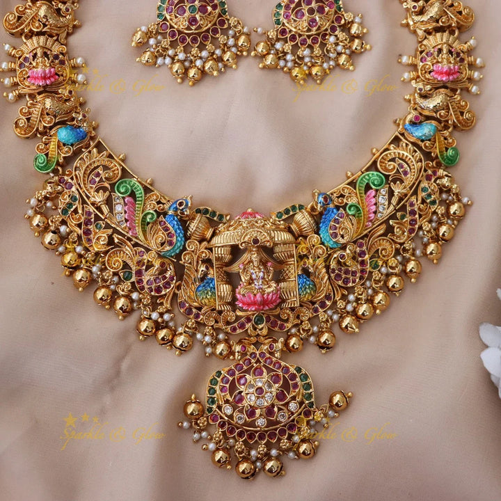 Majestic Lakshmi Peacock Necklace with Temple Motif