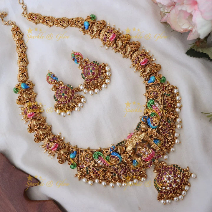 Majestic Lakshmi Peacock Necklace with Temple Motif