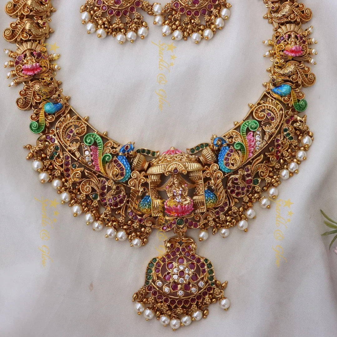 Majestic Lakshmi Peacock Necklace with Temple Motif