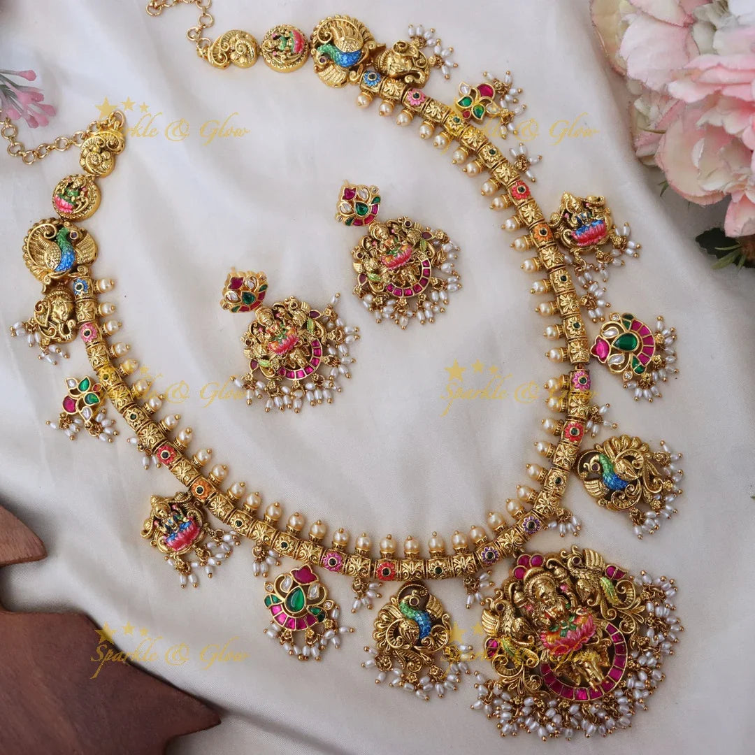 Exquisite Peacock Lakshmi Necklace Set - Festive Jewelry