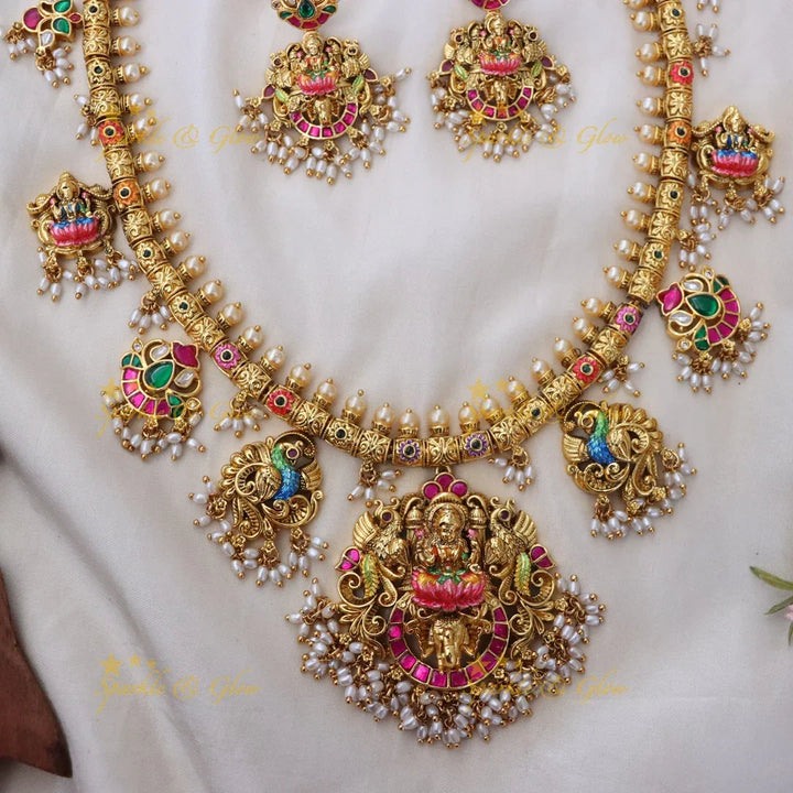 Exquisite Peacock Lakshmi Necklace Set - Festive Jewelry