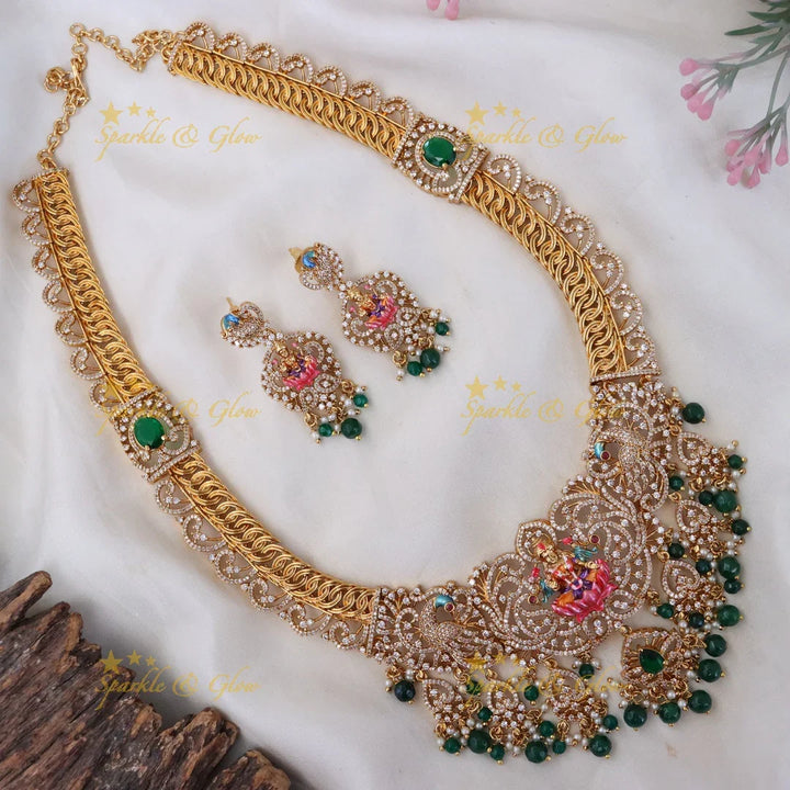 Exquisite Peacock Temple Necklace Set with Green Beads