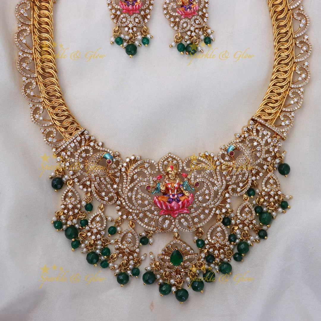 Exquisite Peacock Temple Necklace Set with Green Beads