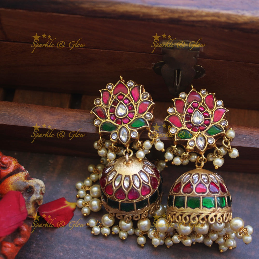Real Jadau Kundan Lotus Jhumukas - Sparkle and Glow