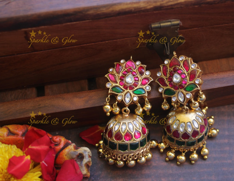 Real Jadau Kundan Lotus Jhumukas - Sparkle and Glow