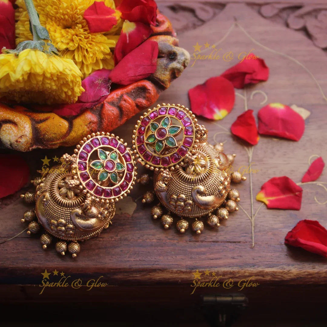 Real kemp stones premium matte jhumukas - Pink Green - Sparkle and Glow