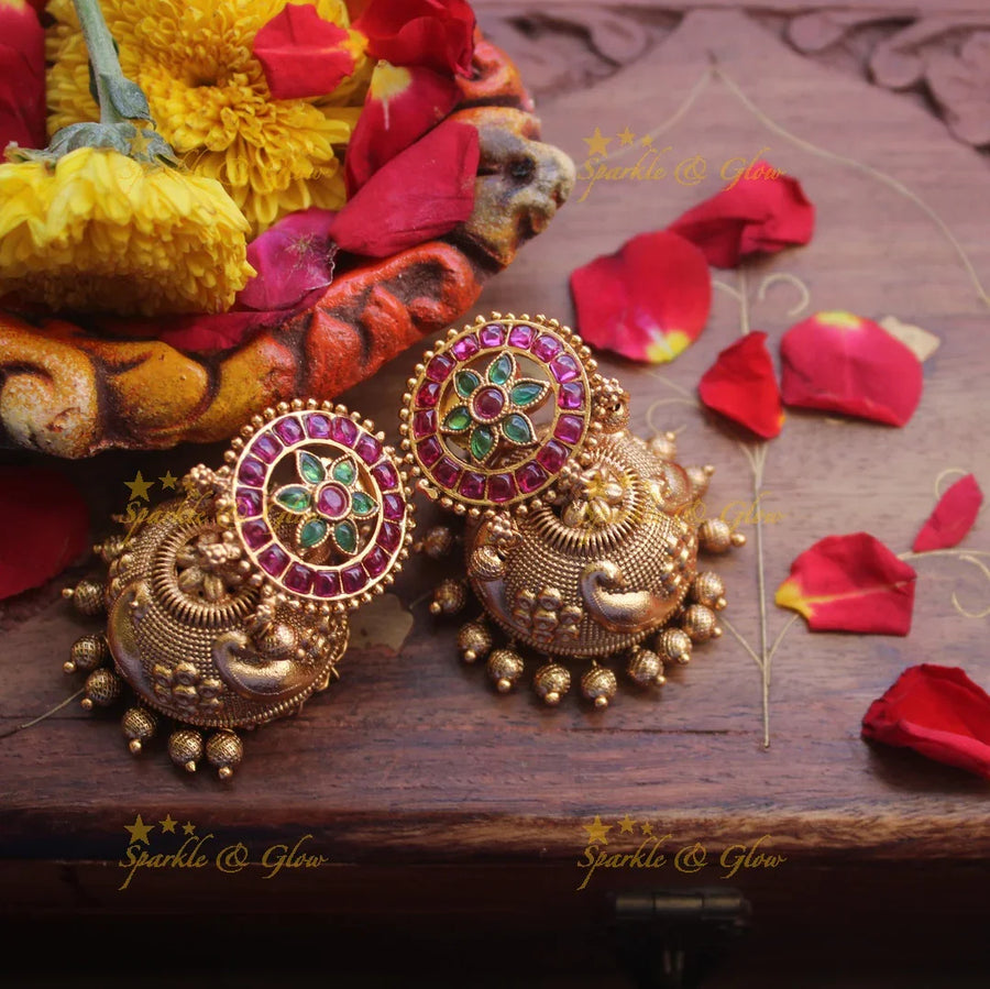 Real kemp stones premium matte jhumukas - Pink Green - Sparkle and Glow