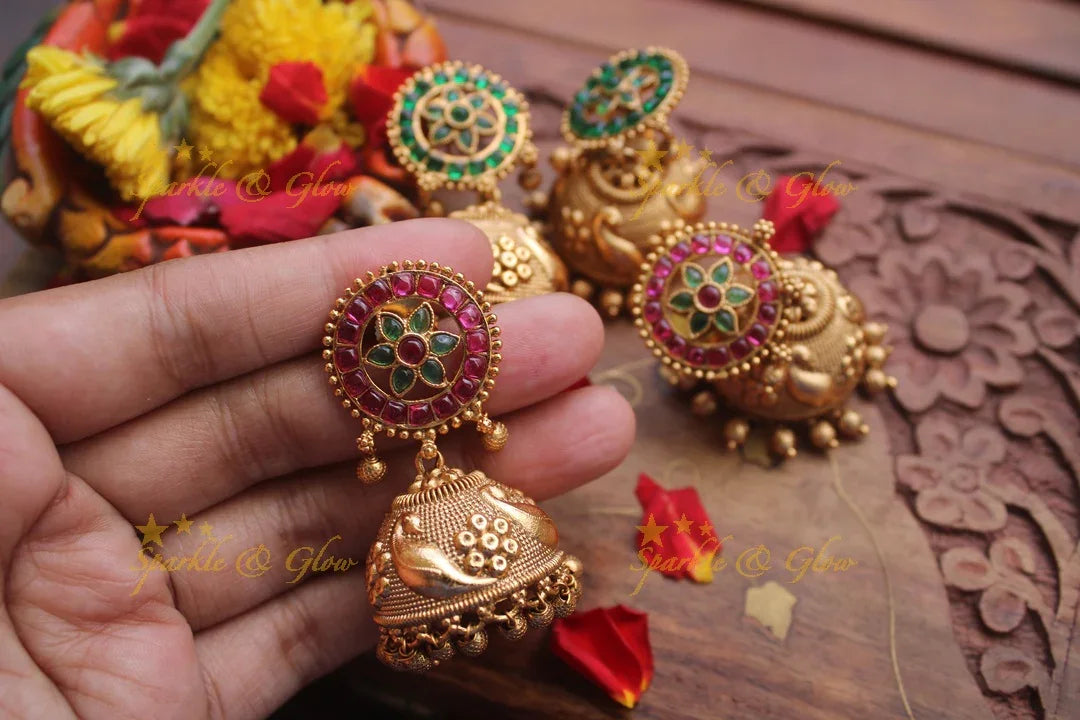 Real kemp stones premium matte jhumukas - Pink Green - Sparkle and Glow