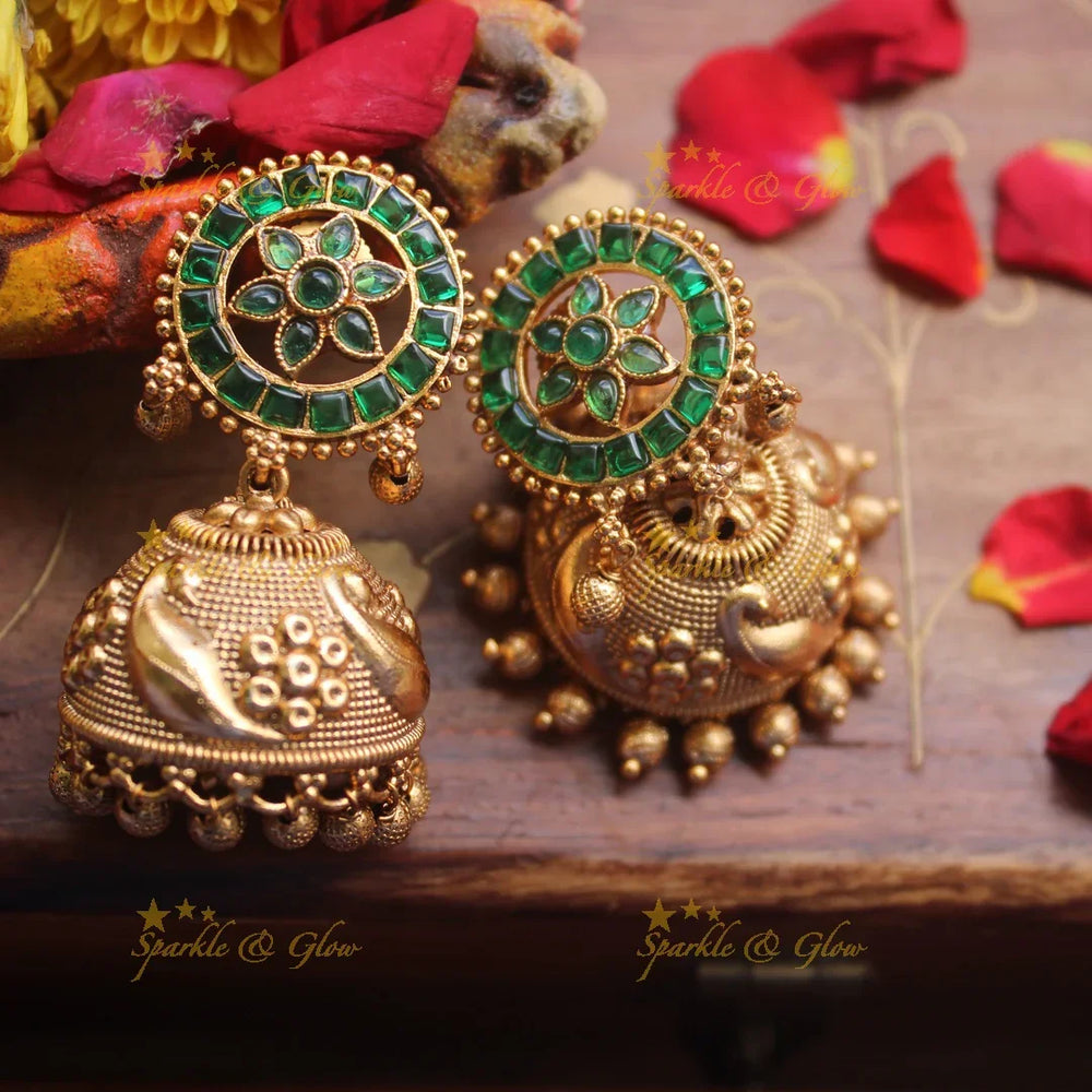Real kemp stones premium matte jhumukas - Pink Green - Sparkle and Glow