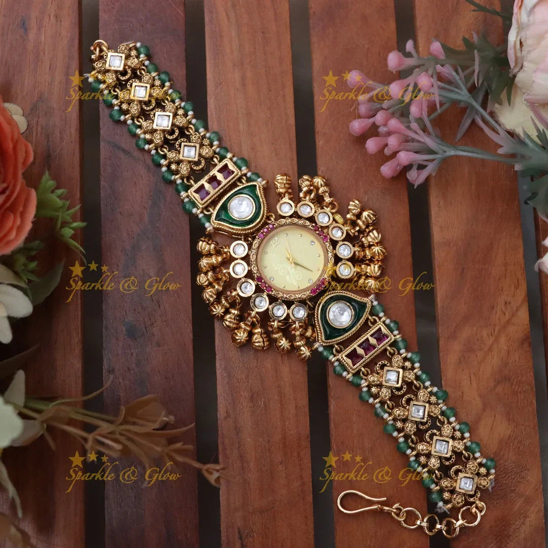 Antique Green Beads Watch Bracelet - Elegant Timepiece