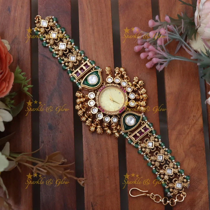 Antique Green Beads Watch Bracelet - Elegant Timepiece