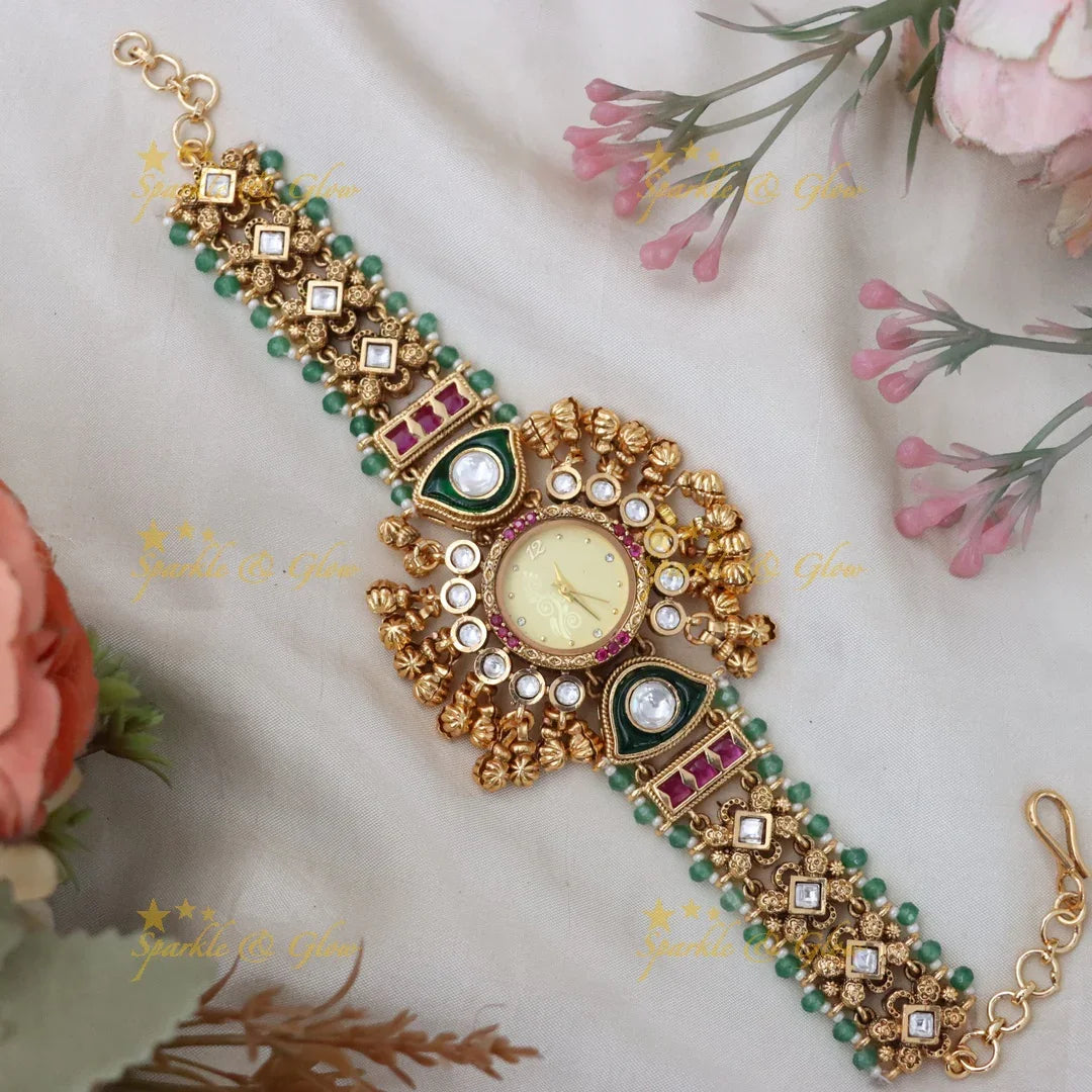 Antique Green Beads Watch Bracelet - Elegant Timepiece