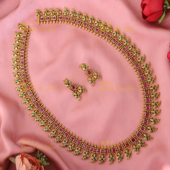 Matte Gold Floral Haram with Green Stones