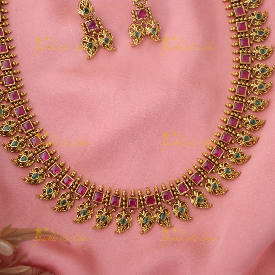 Matte Gold Floral Haram with Green Stones