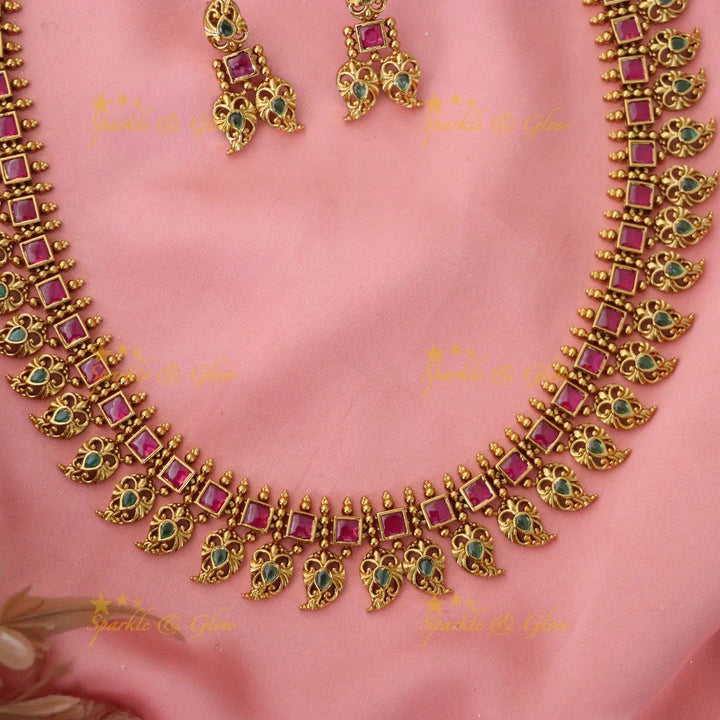 Matte Gold Floral Haram with Green Stones