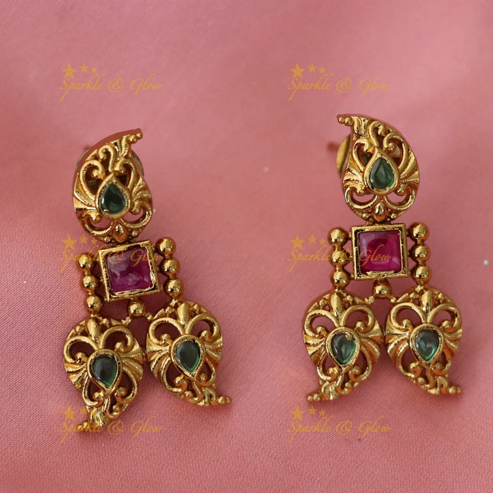 Matte Gold Floral Haram with Green Stones