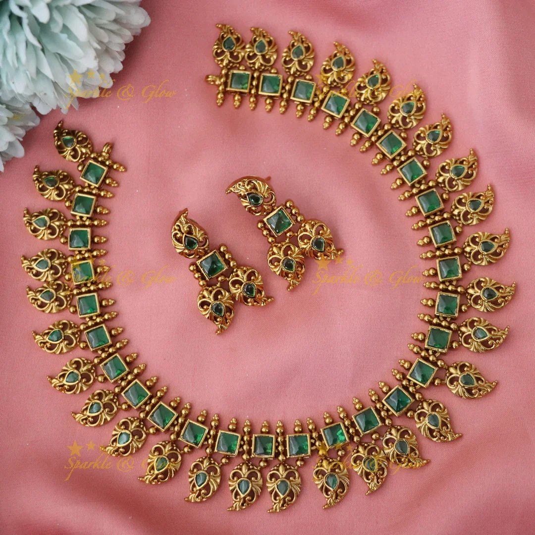 Matte Gold Floral Haram with Green Stones