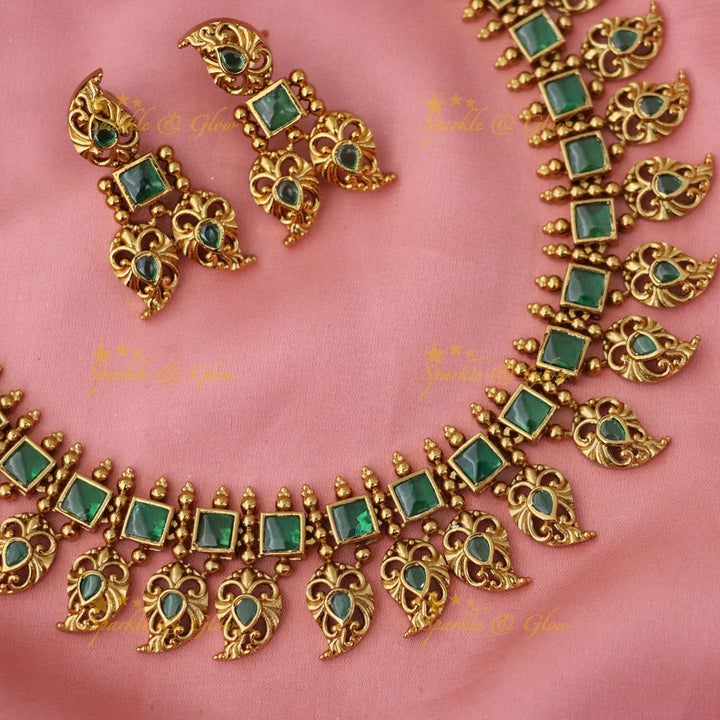 Matte Gold Floral Haram with Green Stones