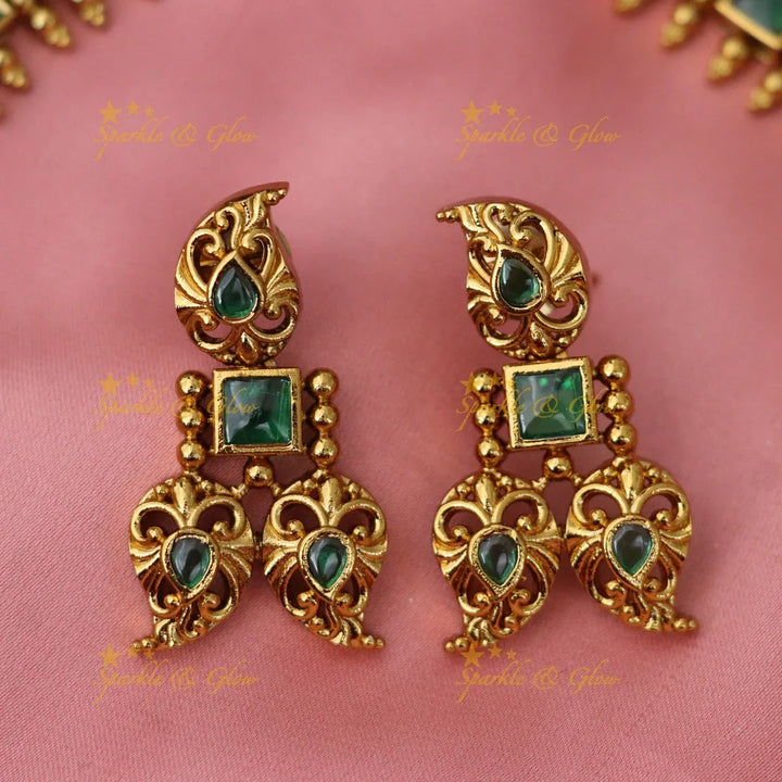 Matte Gold Floral Haram with Green Stones