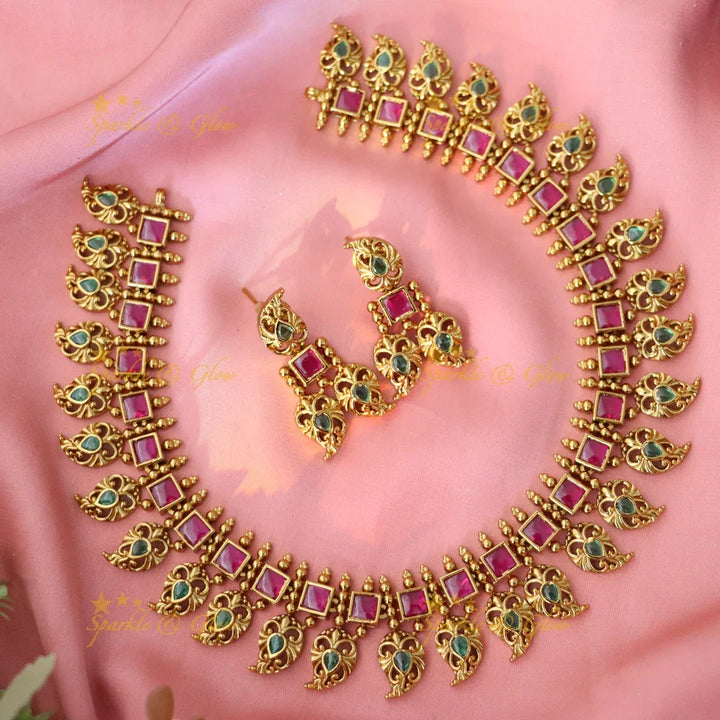 Matte Gold Floral Haram with Green Stones
