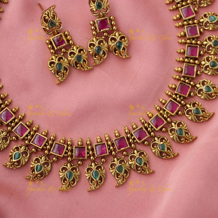 Matte Gold Floral Haram with Green Stones