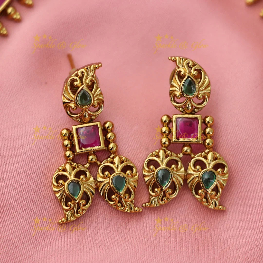 Matte Gold Floral Haram with Green Stones