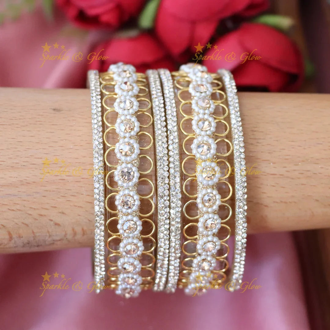 Exquisite Bridal Pearl & Diamond Bangle Set for Weddings