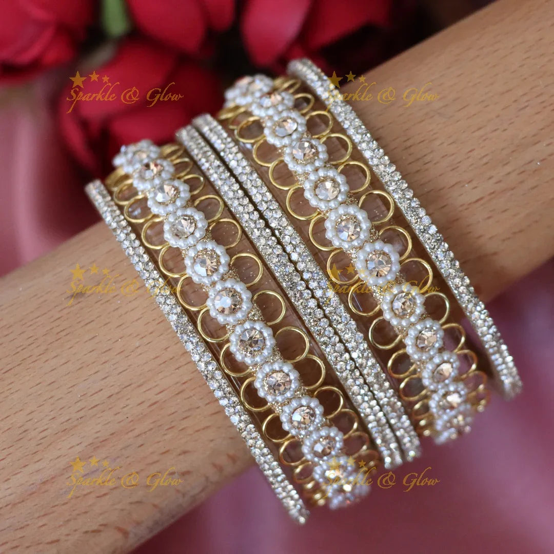Exquisite Bridal Pearl & Diamond Bangle Set for Weddings