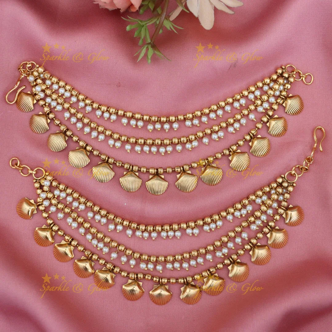 Elegant Gold Shell Beads Earchain for Festive Celebrations
