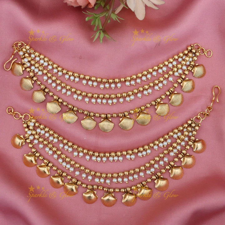 Elegant Gold Shell Beads Earchain for Festive Celebrations